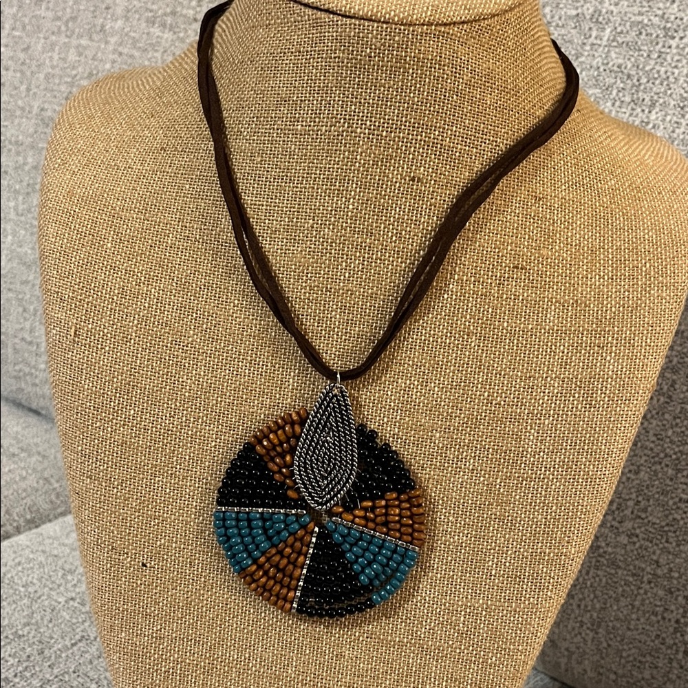 Handcrafted Beaded Pendant Necklace Black Brown Blue with Silver‎ Tone Accents
